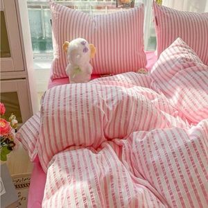 Pink & White Striped King Duvet Cover NEW